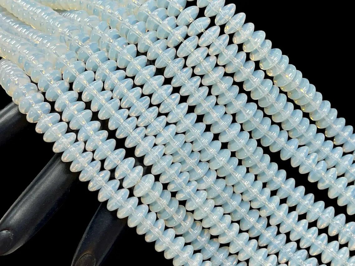 10mm Opalite Gemstone Smooth Rondelle Beads Strand, 15 Inch White Blue Opal Aura Beads for Jewelry Making, Tire Disc Shape Beads