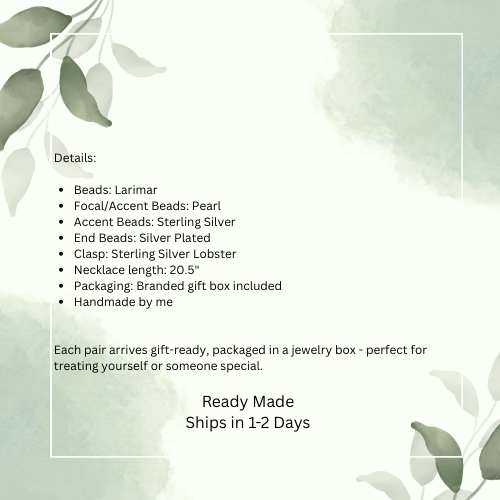 Product details of a necklace with green leaves on a light background