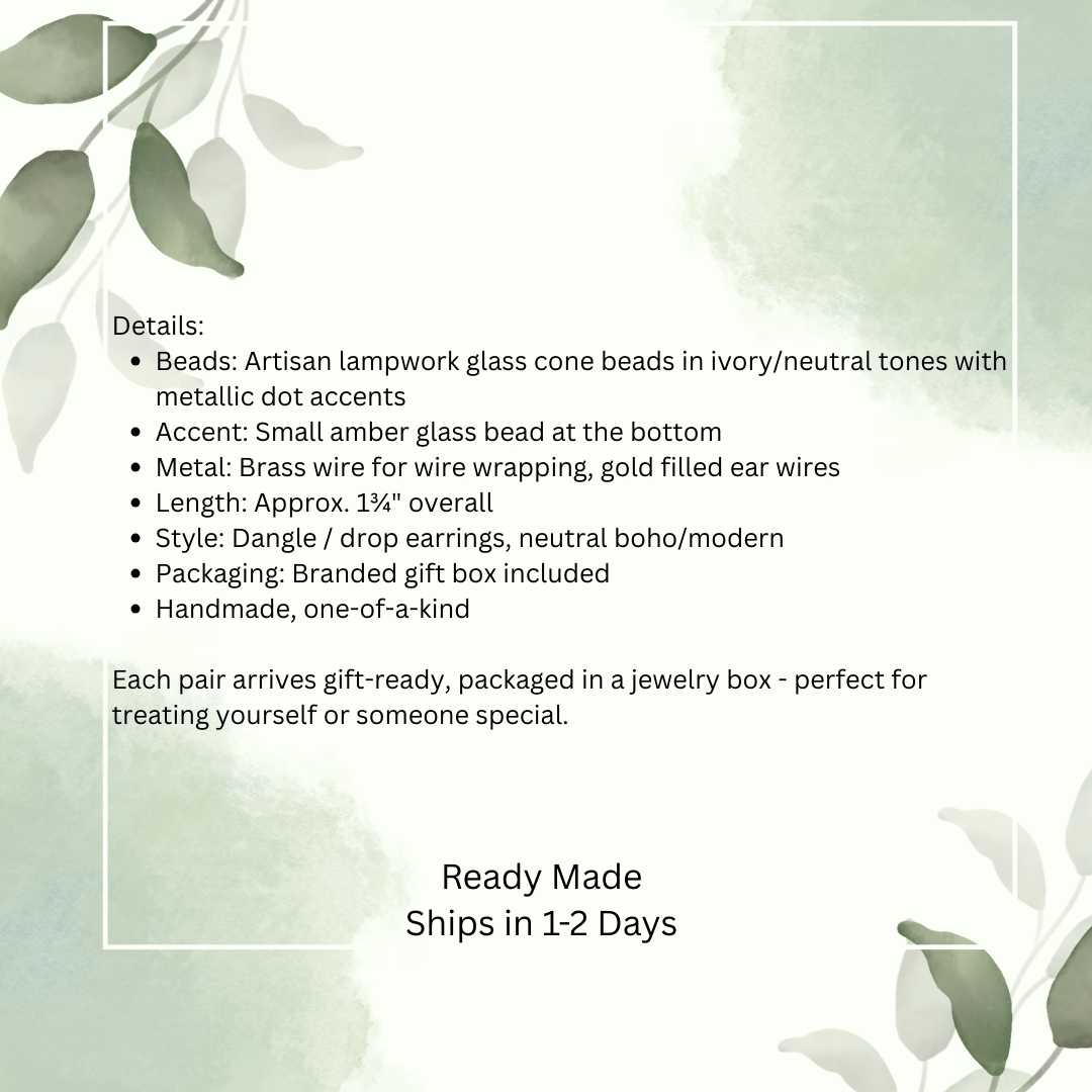 Artisan Lampwork Cone Earrings - Neutral Ivory Glass with Gold Accents, Brass Wrap & Gold Filled Ear Wires