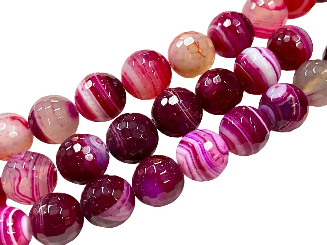 Pomegranate Red Stripe Botswana Agate Beads Faceted Round 12mm 15.5” Strand Natural Gemstone Beads for Jewelry Making