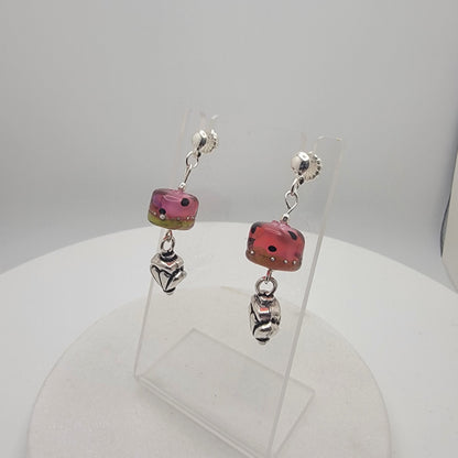 Beautiful Watermelon Lampwork Bead and Silver Earrings