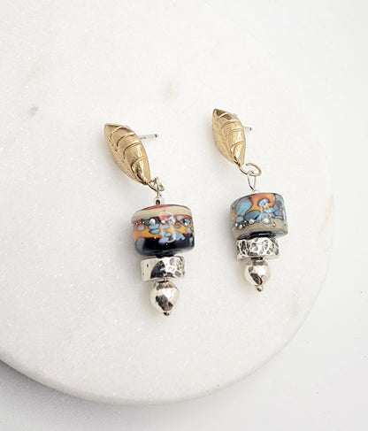 Fall Colors Lampwork and Silver Beads Gold Bronze Post Earrings