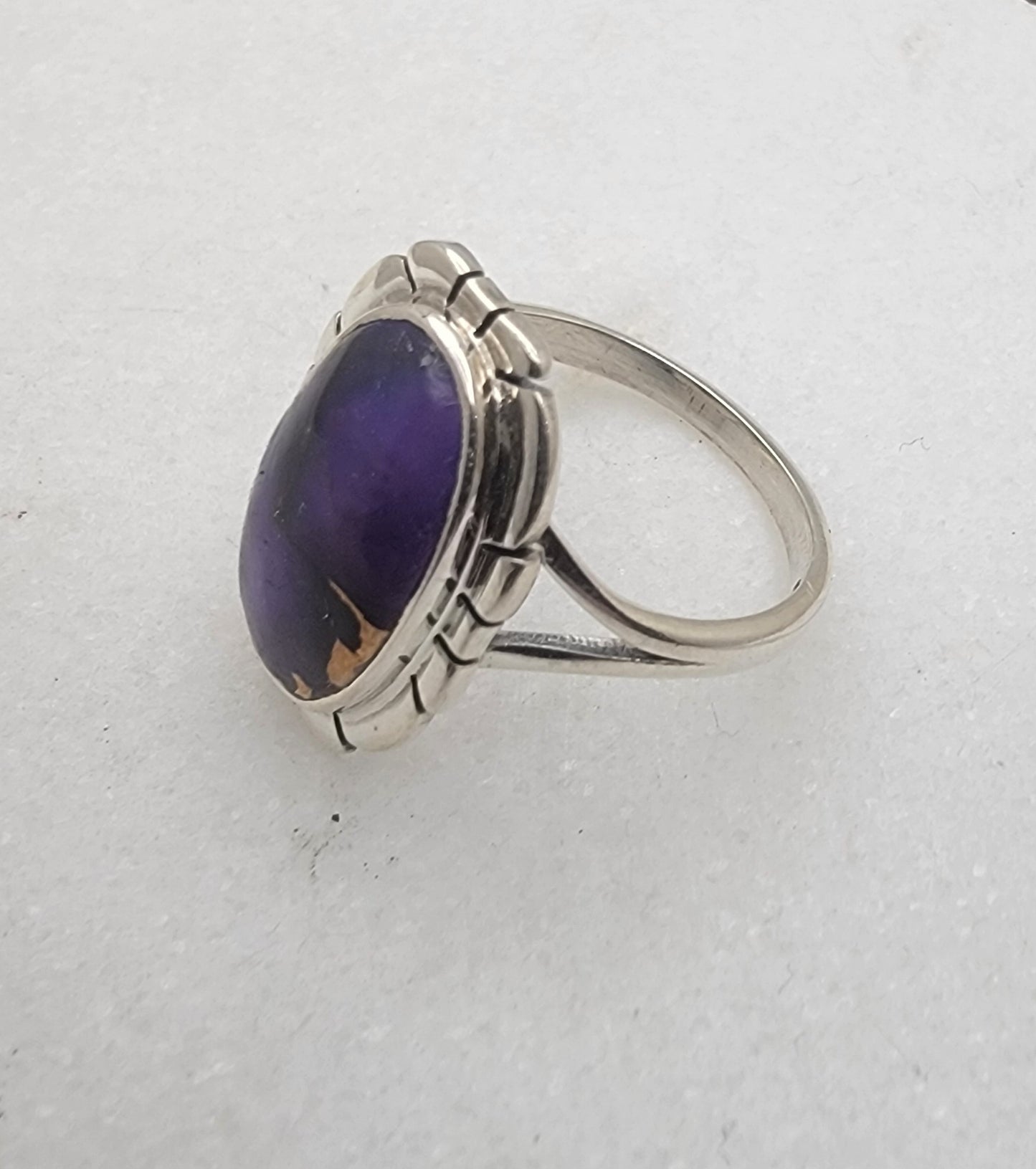 Sterling Silver "Purple Rose Dahlia” Cabochon Ring (9×15 mm) Size 5