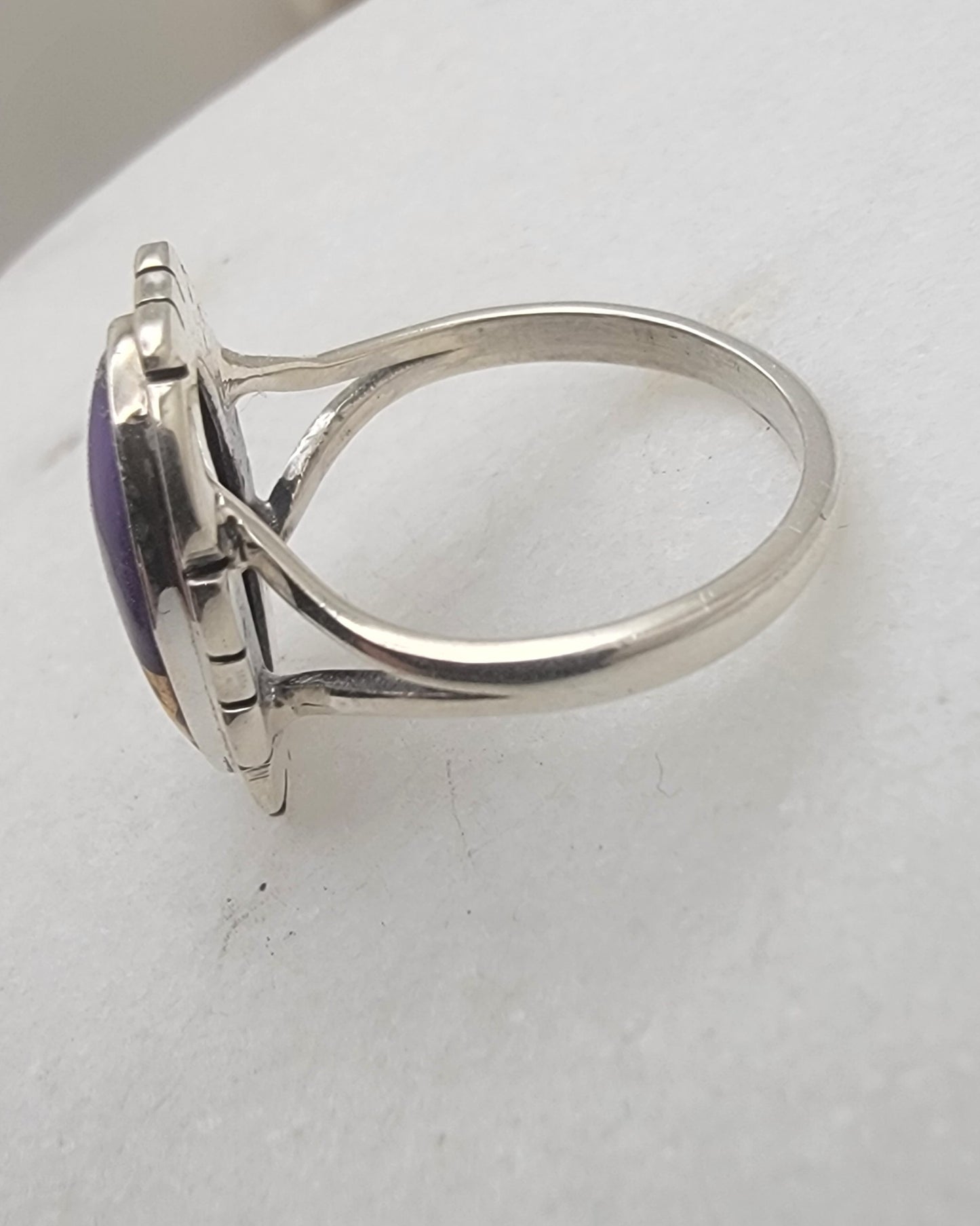 Sterling Silver "Purple Rose Dahlia” Cabochon Ring (9×15 mm) Size 5