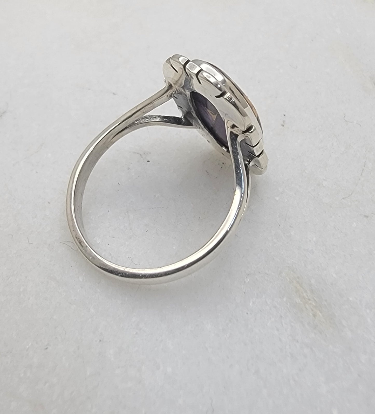 Sterling Silver "Purple Rose Dahlia” Cabochon Ring (9×15 mm) Size 5