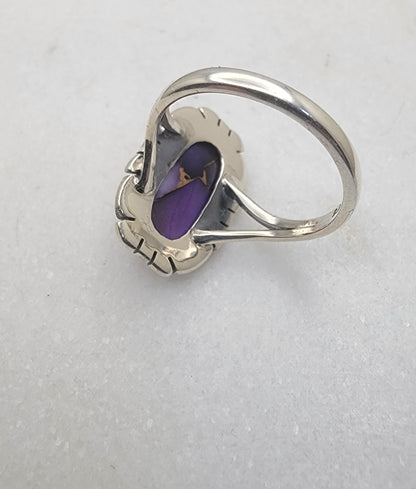 Sterling Silver "Purple Rose Dahlia” Cabochon Ring (9×15 mm) Size 5