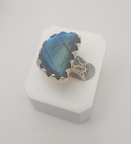 Sterling Silver and Labradorite Half Moon Design Gemstone Ring