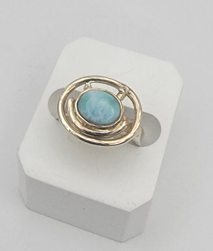 Larimar Orbit Ring 925 Sterling Silver Statement Ring Size 7
