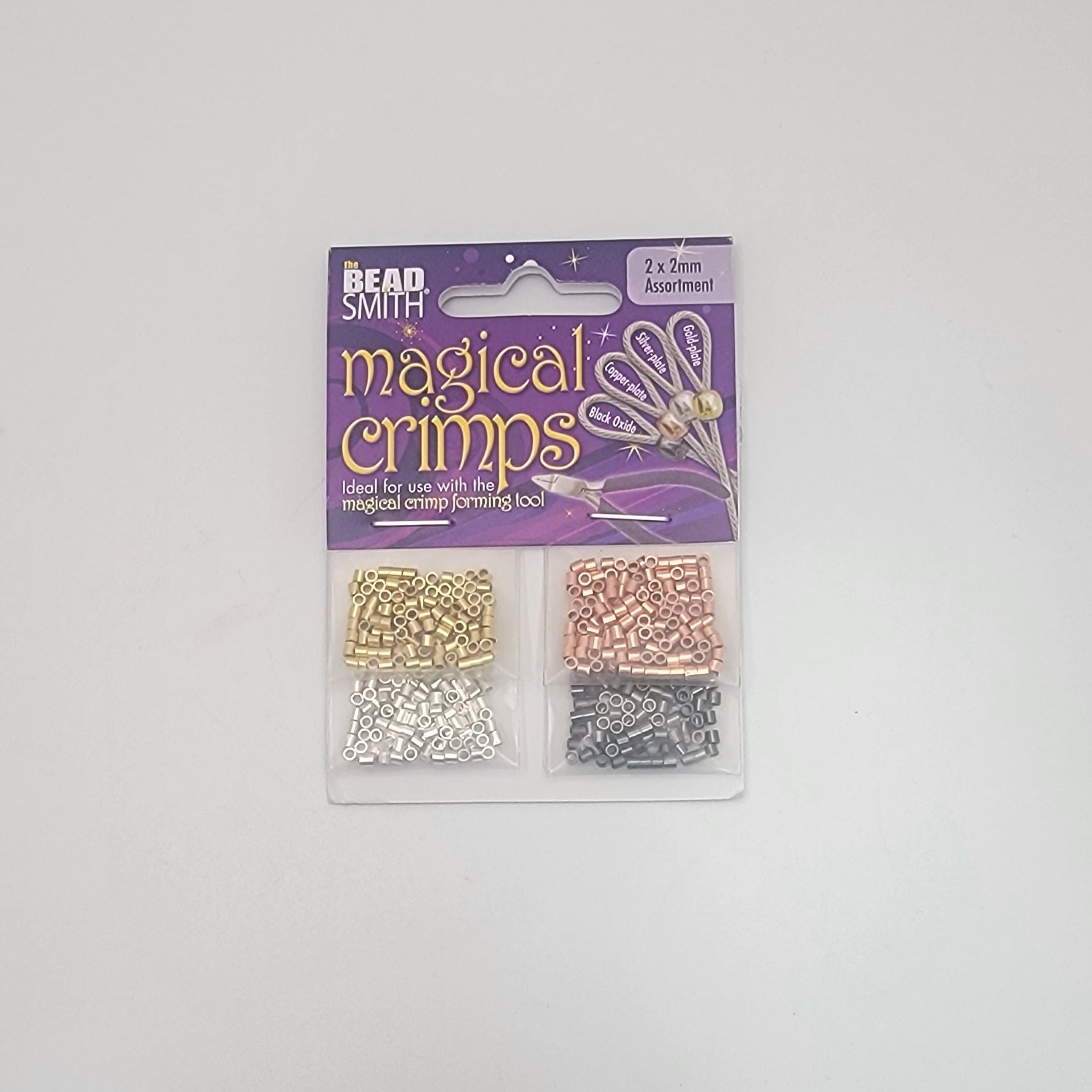 Packaged bead crimps with colorful packaging on a white background