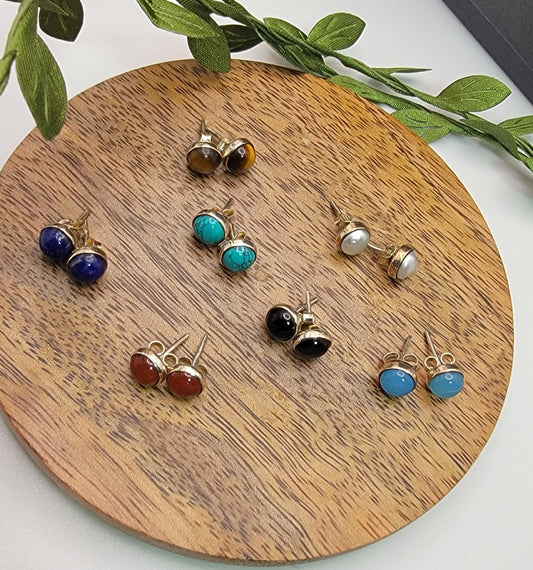 6mm Gemstone Cabochon Stud Earrings – 925 Sterling Silver