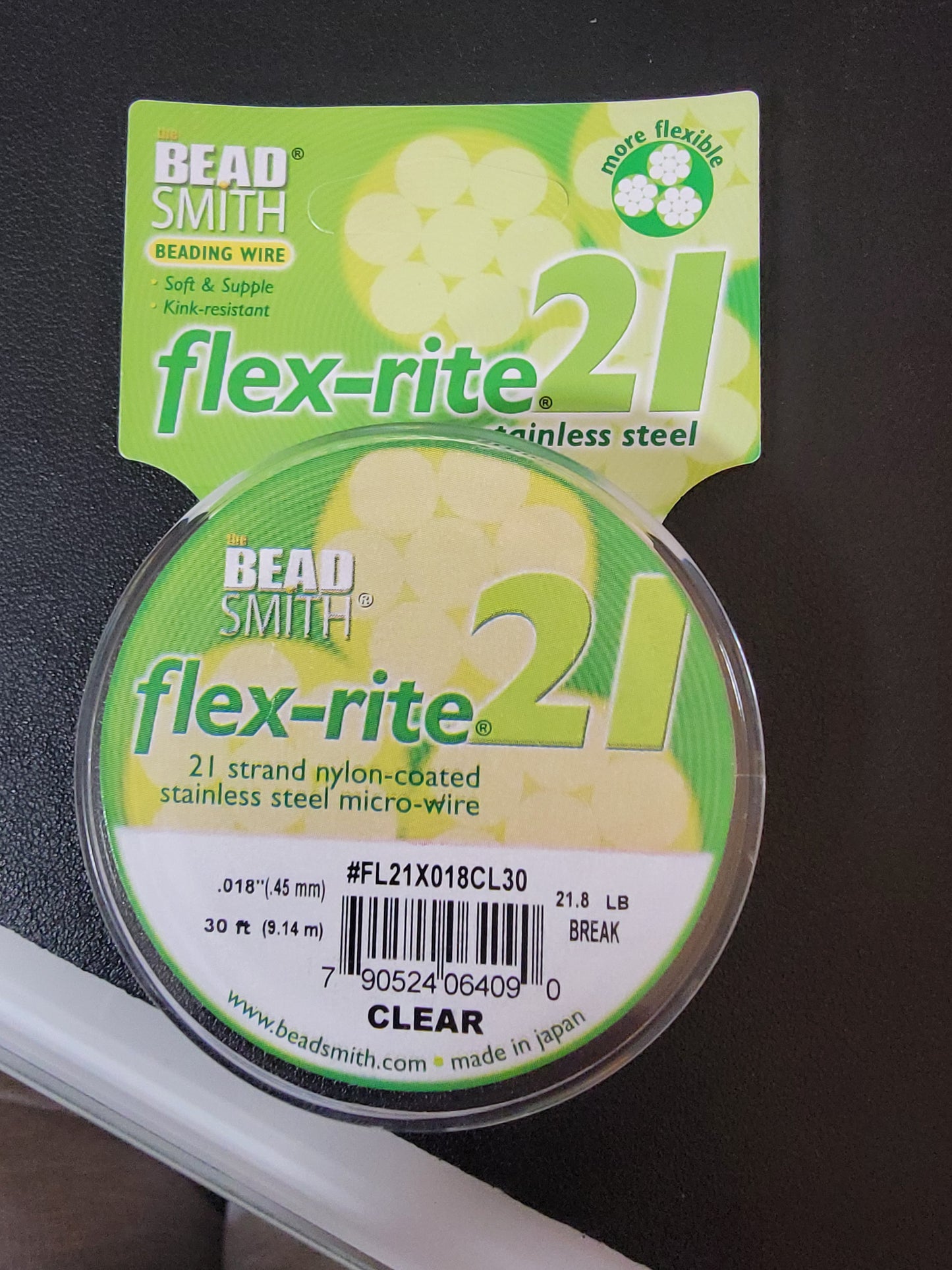 Beadsmith Flex-Rite 21 Beading Wire – .018" (0.45mm), Clear, 30 ft – 21-Strand Stainless Steel