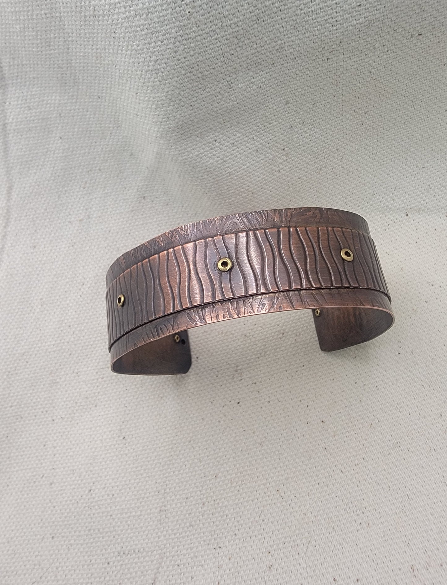 Textured Copper Cuff Bracelet with Brass Rivets – Handmade Hammered Metal Bracelet, Rustic Boho Unisex Jewelry
