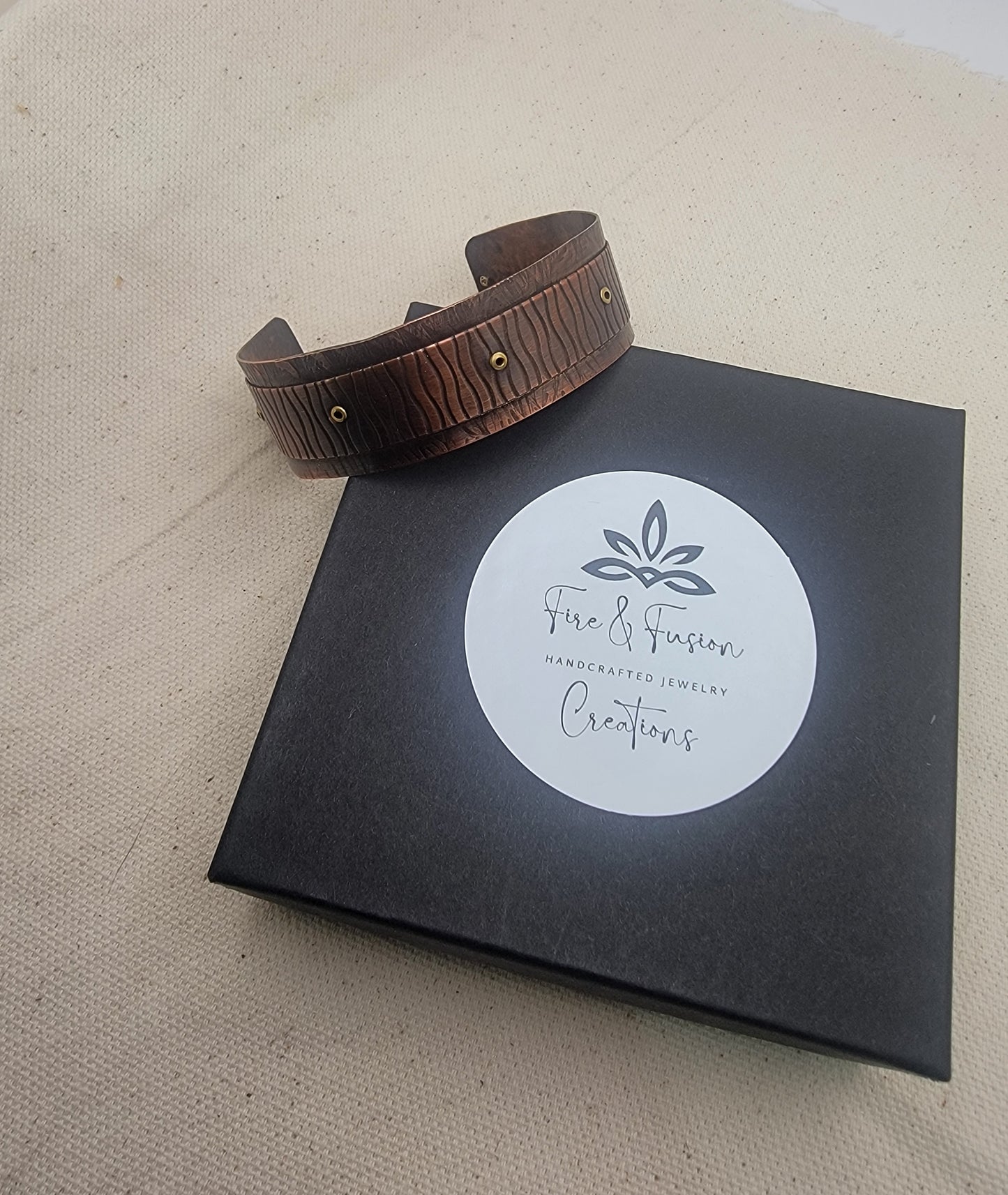 Textured Copper Cuff Bracelet with Brass Rivets – Handmade Hammered Metal Bracelet, Rustic Boho Unisex Jewelry