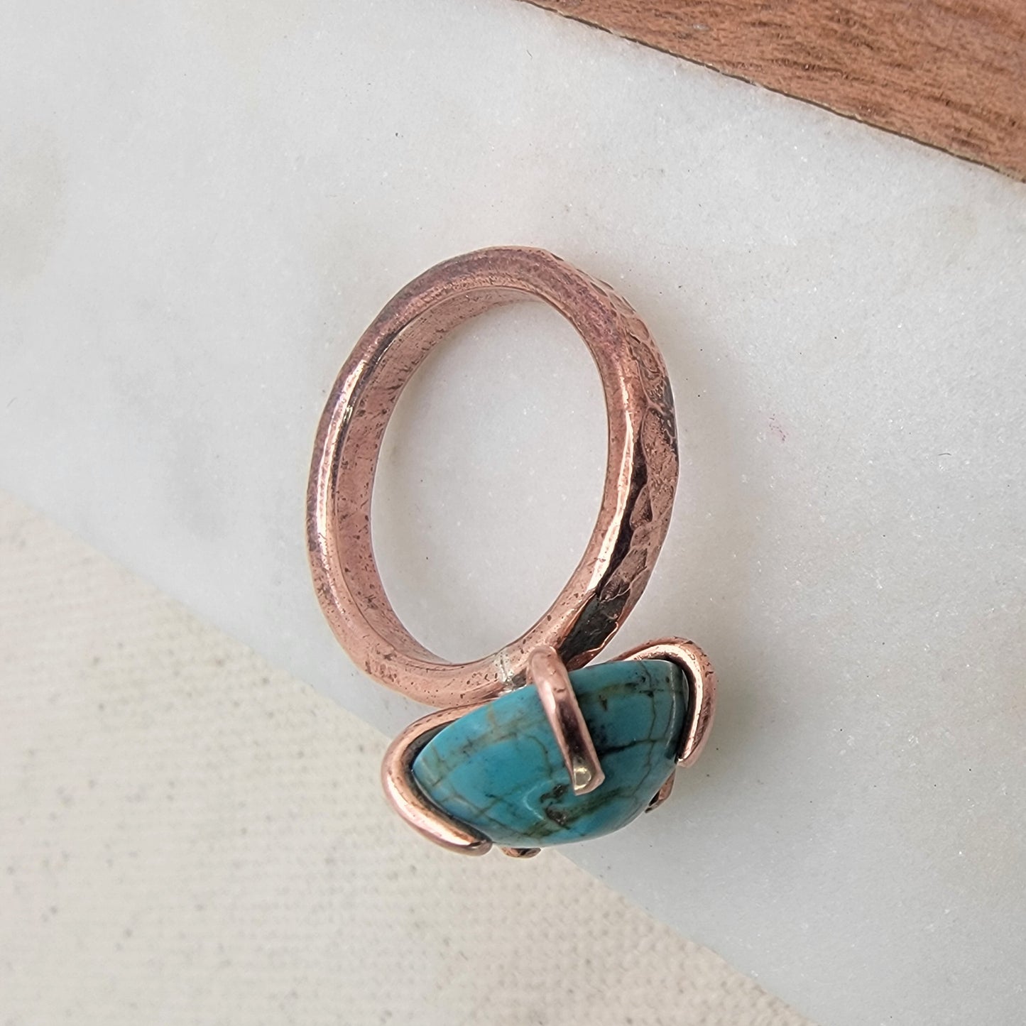 Handcrafted Copper Turquoise Ring – Textured Copper Band with Turquoise Cabochon, Rustic Boho Statement Ring