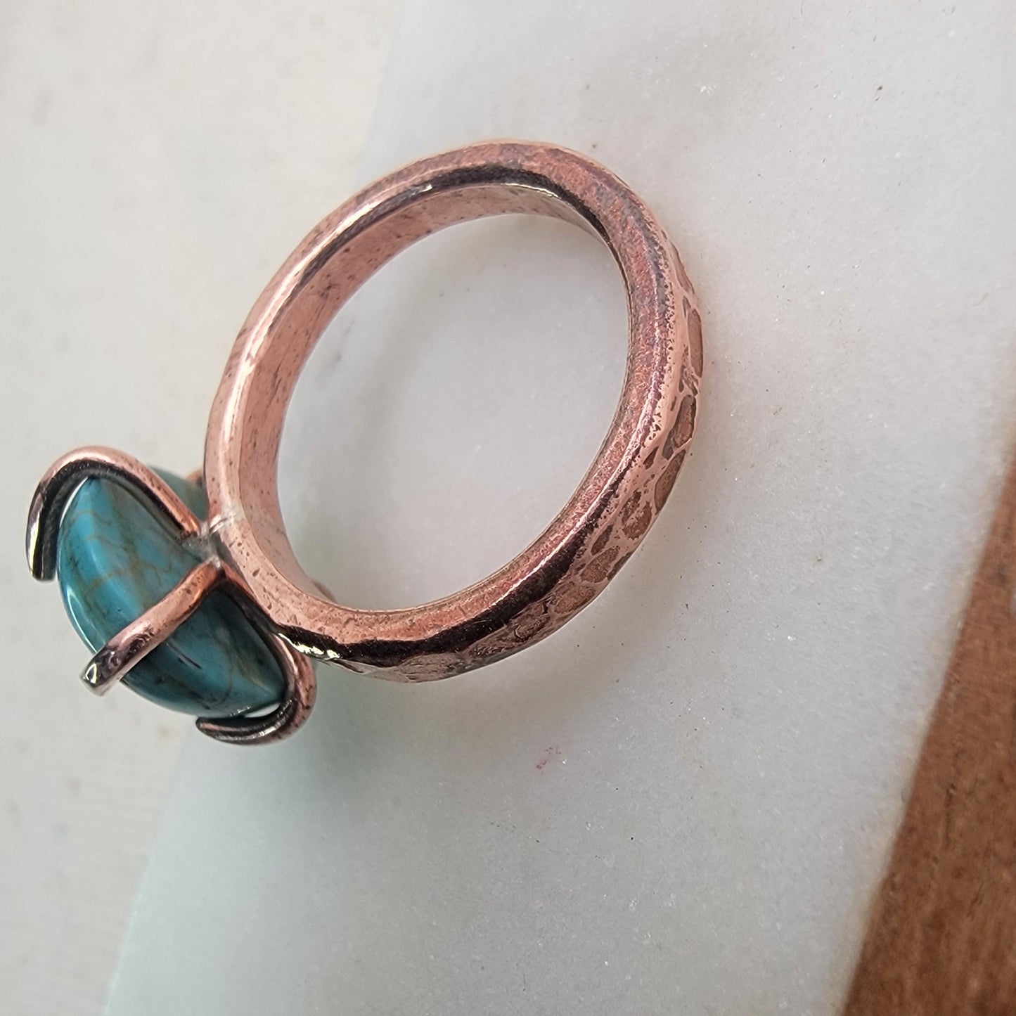 Handcrafted Copper Turquoise Ring – Textured Copper Band with Turquoise Cabochon, Rustic Boho Statement Ring