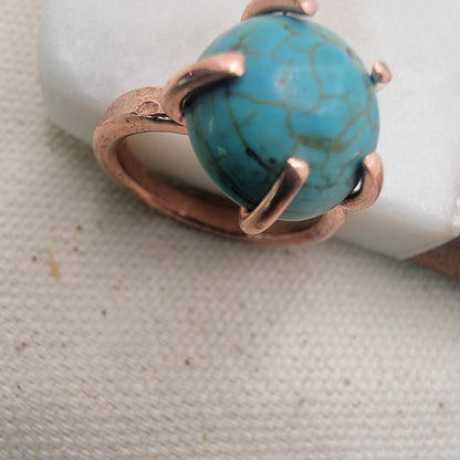 Handcrafted Copper Turquoise Ring – Textured Copper Band with Turquoise Cabochon, Rustic Boho Statement Ring