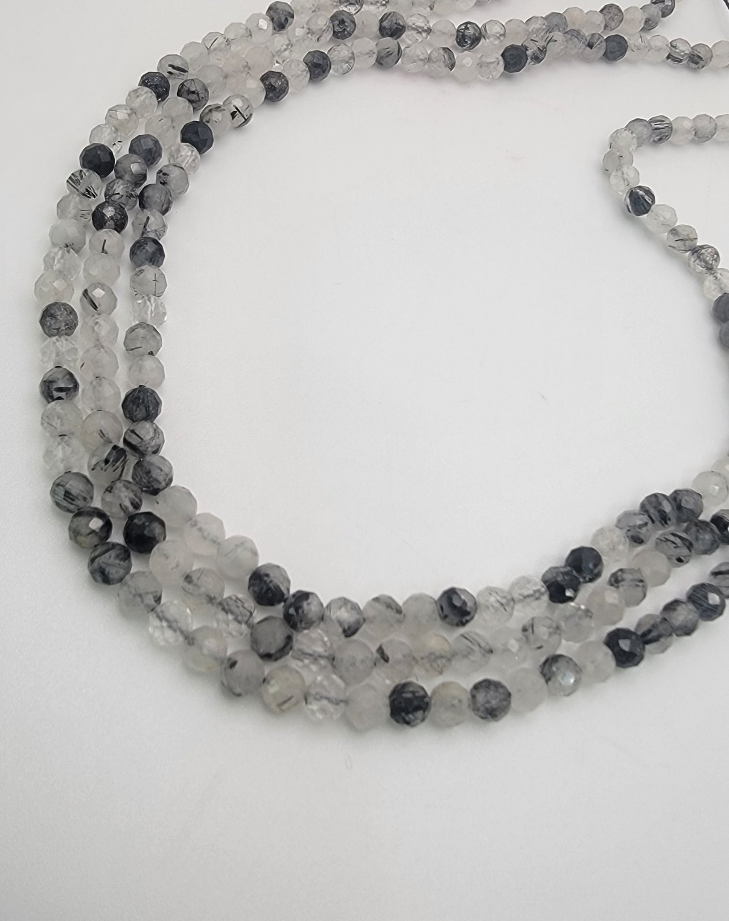 Faceted Black Tourmaline Rutilated Quartz Round Bead Strand – 3mm & 4mm Micro-Cut, 15.5" Natural Gemstone