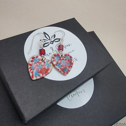 Hand-Enameled Copper Red and Blue Floral Heart Earrings - Argentium Silver Earwires