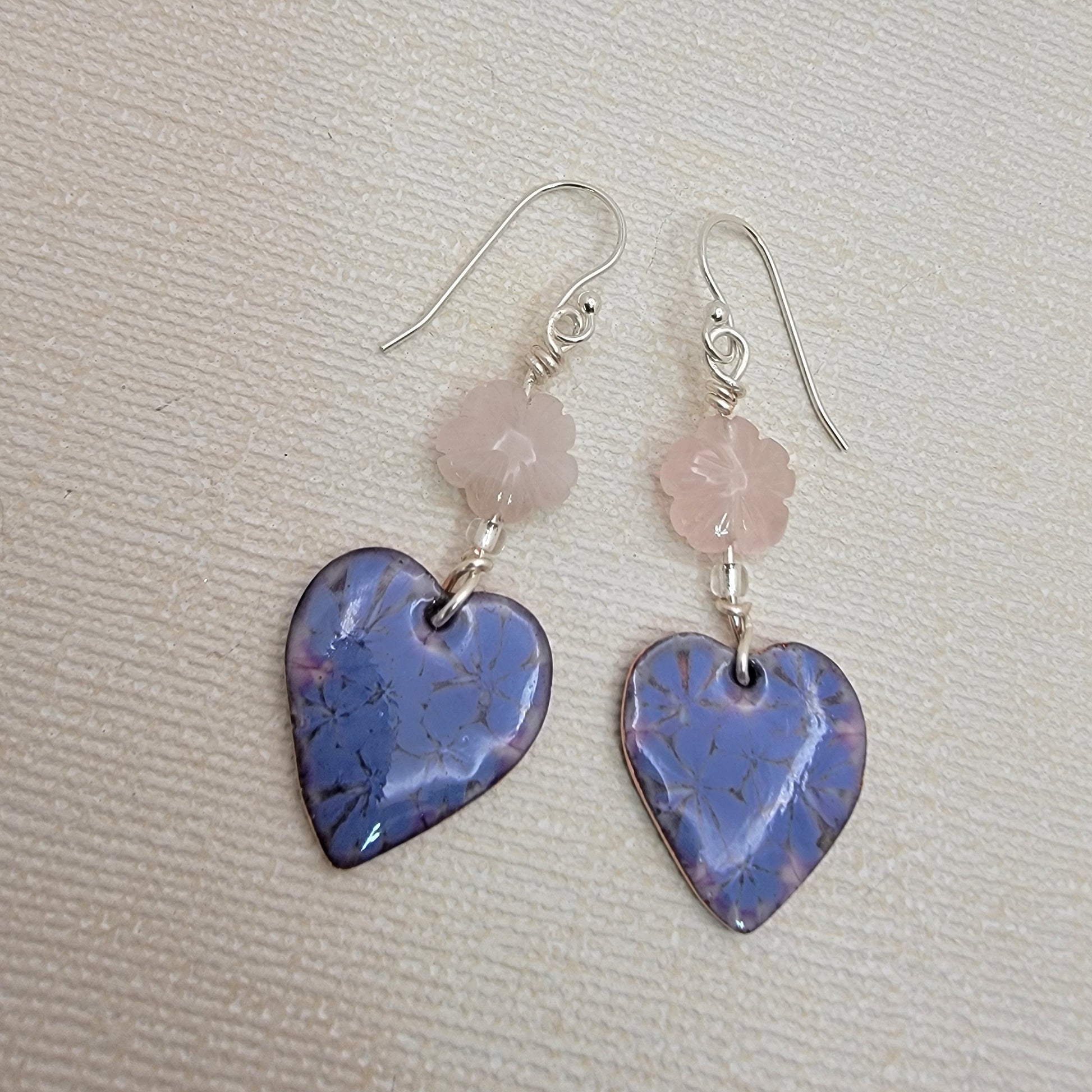 Purple heart with pink quartz floral bead dangle earrings
