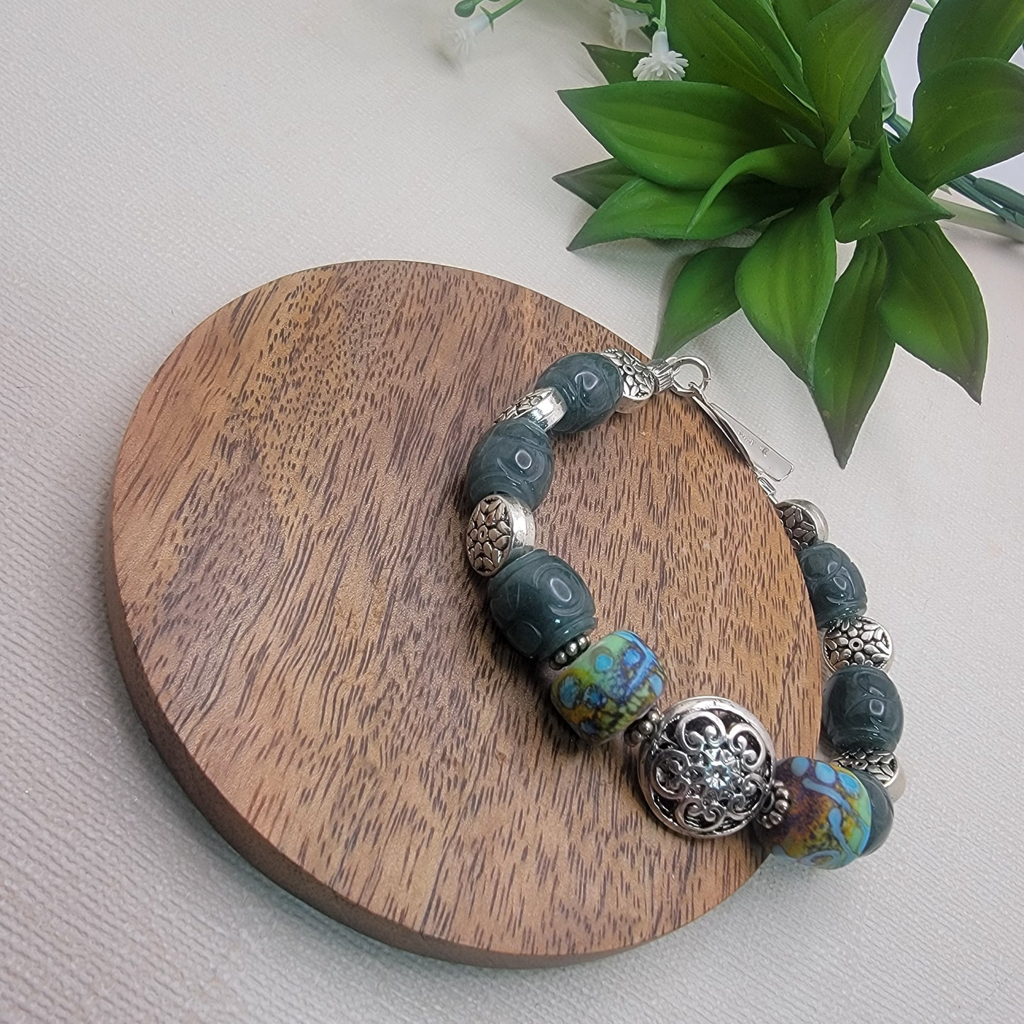 Guatemalan Jade and Lampwork Bracelet - Hand Carved Blue-Green Jade, Etched Glass, Argentium Silver Toggle 8.5"