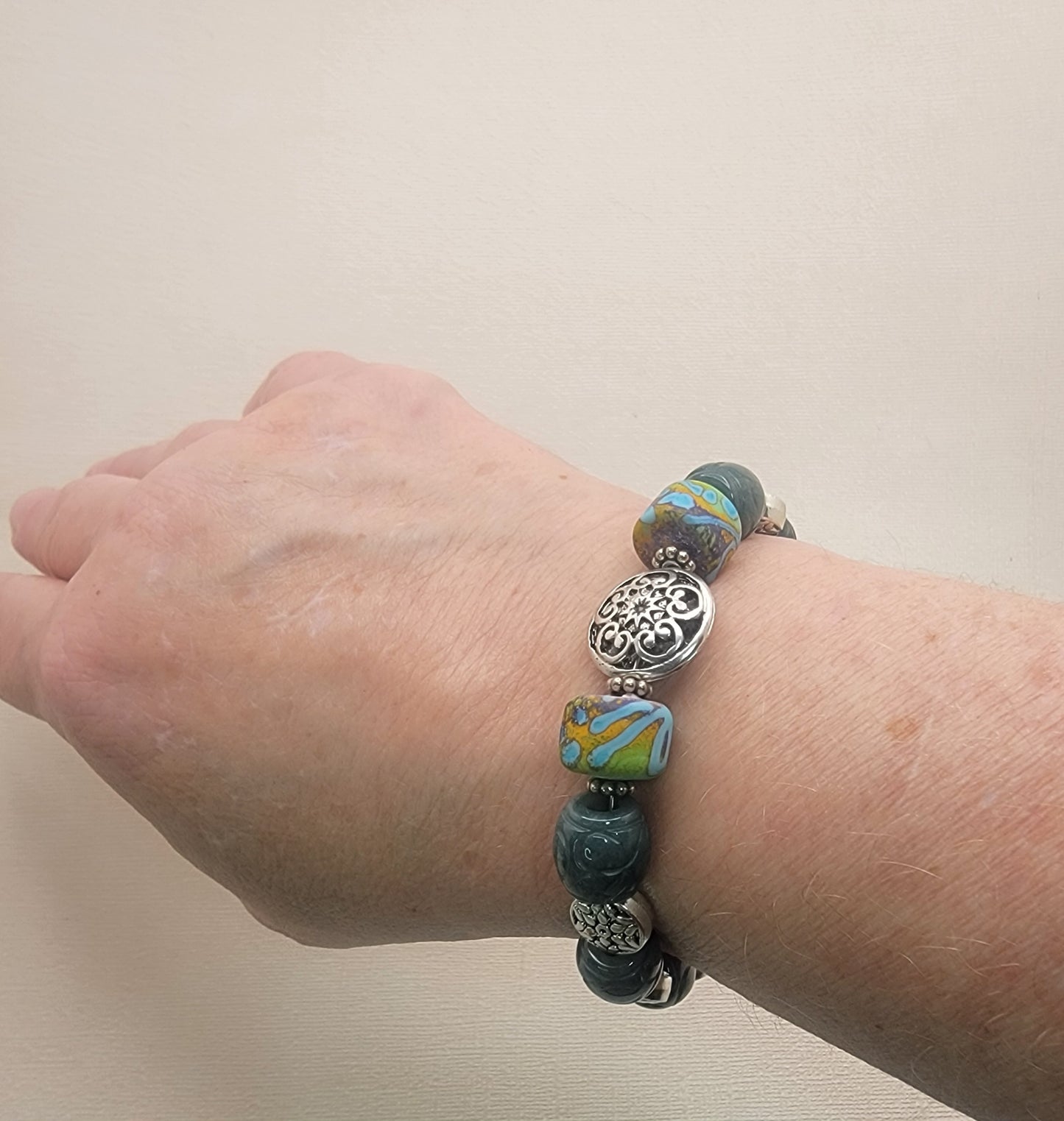 Guatemalan Jade and Lampwork Bracelet - Hand Carved Blue-Green Jade, Etched Glass, Argentium Silver Toggle 8.5"