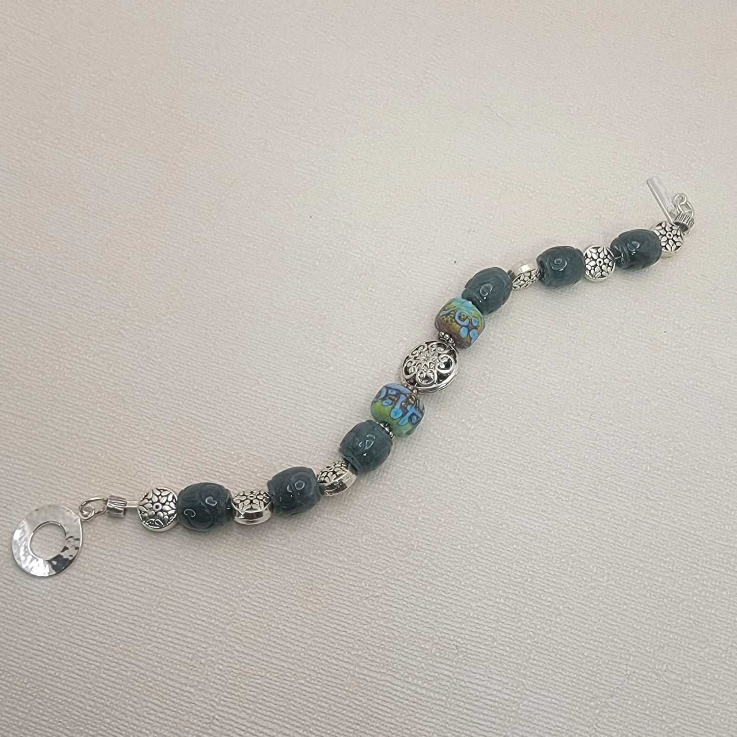 Guatemalan Jade and Lampwork Bracelet - Hand Carved Blue-Green Jade, Etched Glass, Argentium Silver Toggle 8.5"
