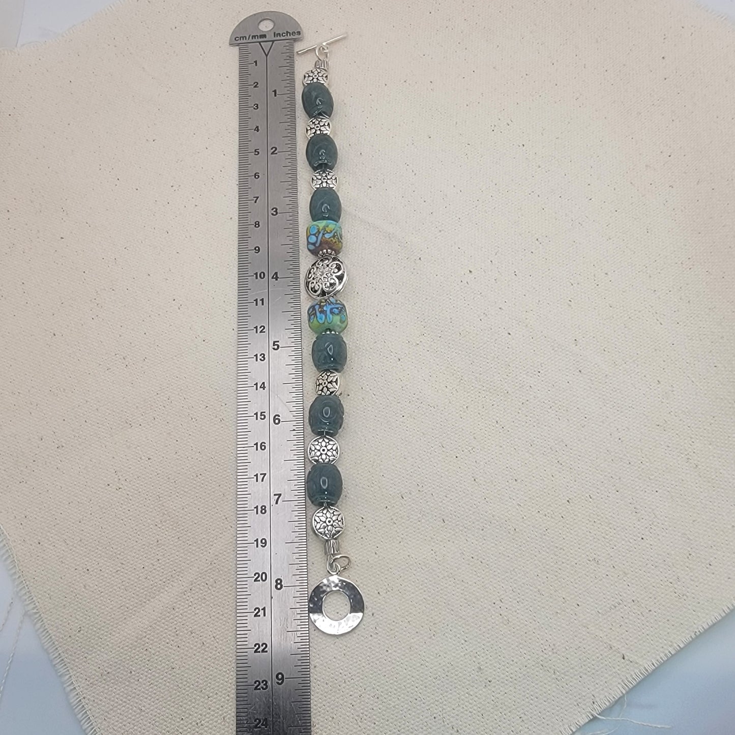 Guatemalan Jade and Lampwork Bracelet - Hand Carved Blue-Green Jade, Etched Glass, Argentium Silver Toggle 8.5"