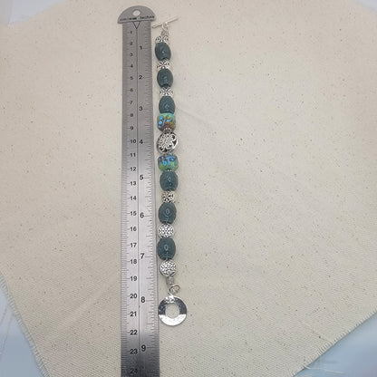 Guatemalan Jade and Lampwork Bracelet - Hand Carved Blue-Green Jade, Etched Glass, Argentium Silver Toggle 8.5"