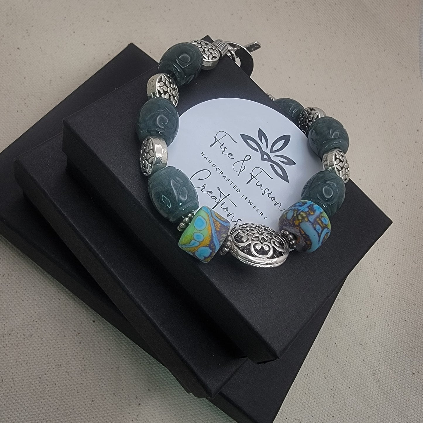 Guatemalan Jade and Lampwork Bracelet - Hand Carved Blue-Green Jade, Etched Glass, Argentium Silver Toggle 8.5"