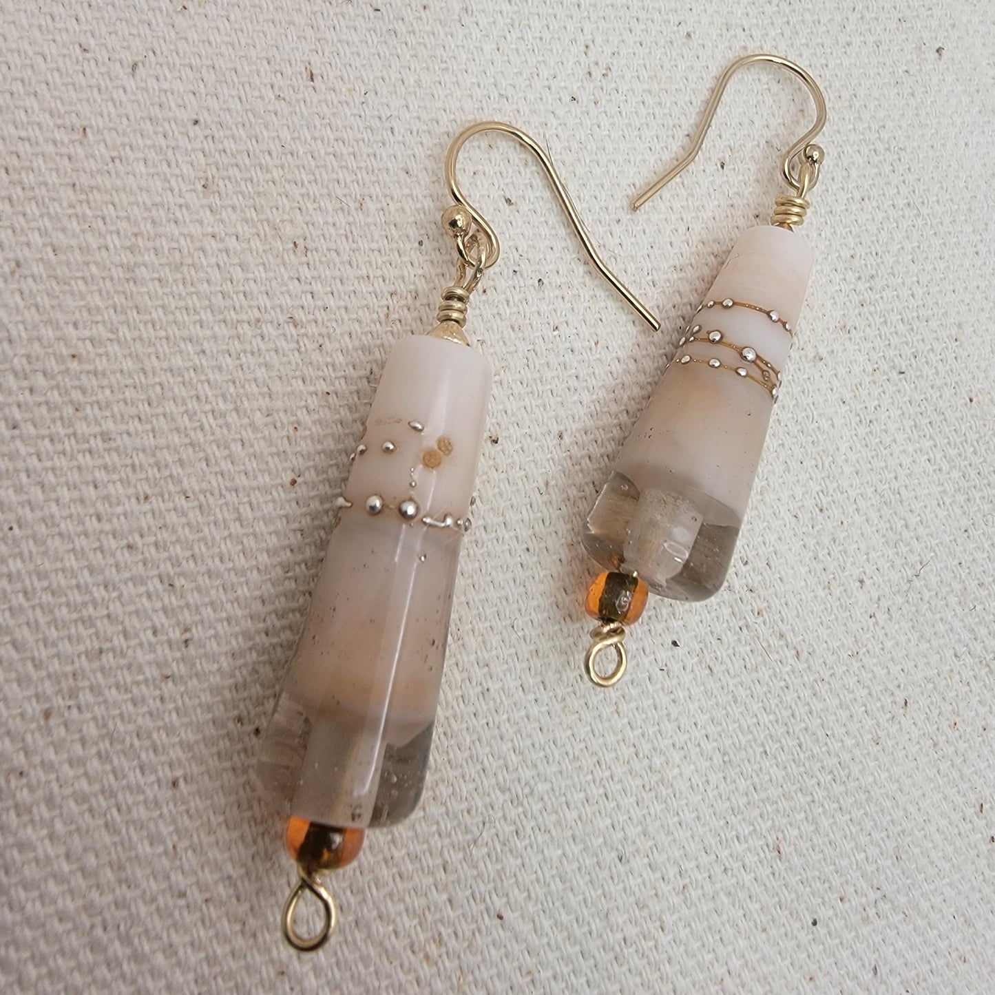 Artisan Lampwork Cone Earrings - Neutral Ivory Glass with Gold Accents, Brass Wrap & Gold Filled Ear Wires