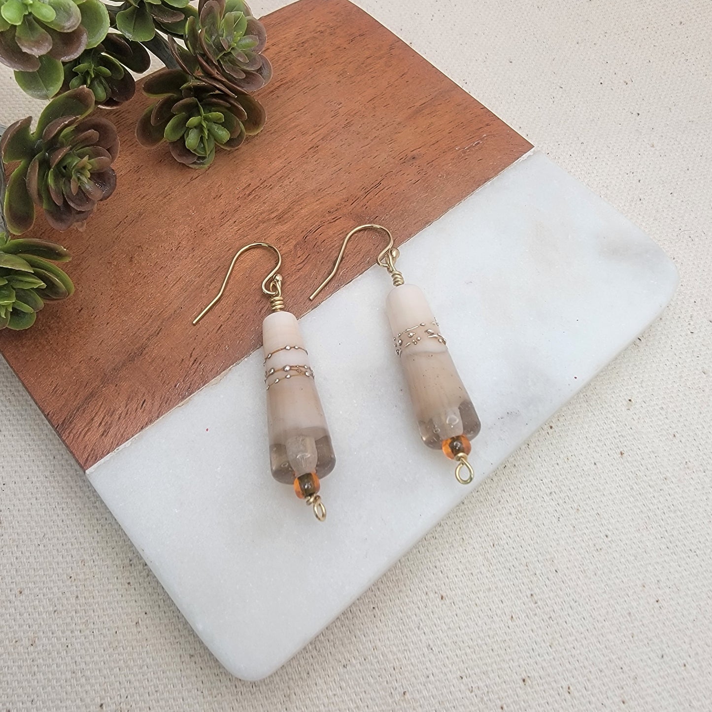 Artisan Lampwork Cone Earrings - Neutral Ivory Glass with Gold Accents, Brass Wrap & Gold Filled Ear Wires