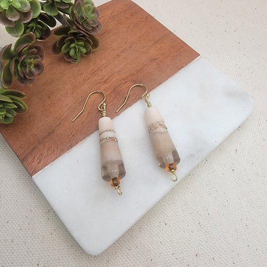 Artisan Lampwork Cone Earrings - Neutral Ivory Glass with Gold Accents, Brass Wrap & Gold Filled Ear Wires