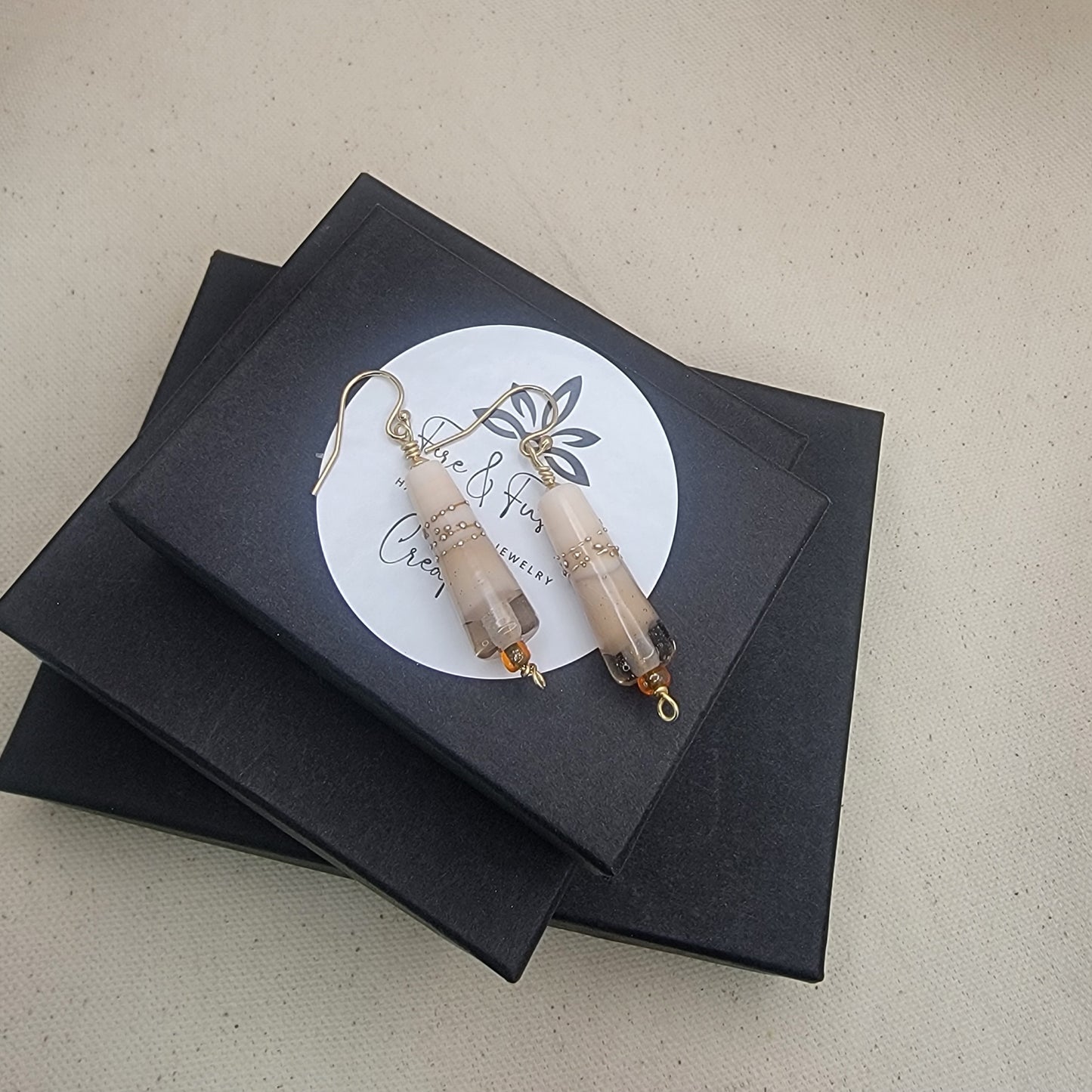 Artisan Lampwork Cone Earrings - Neutral Ivory Glass with Gold Accents, Brass Wrap & Gold Filled Ear Wires