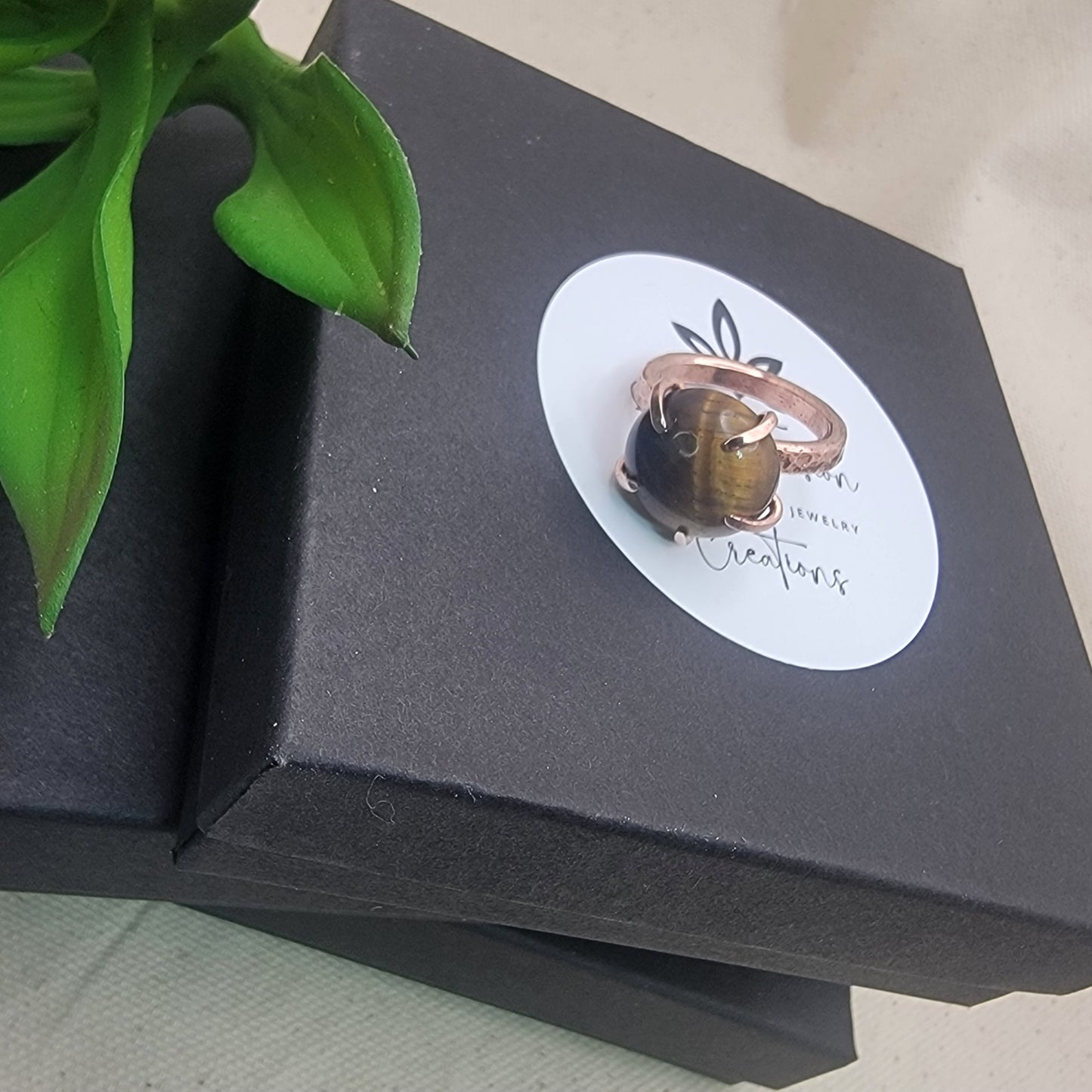 Black jewelry box with a sticker featuring a copper ring, next to a green plant.