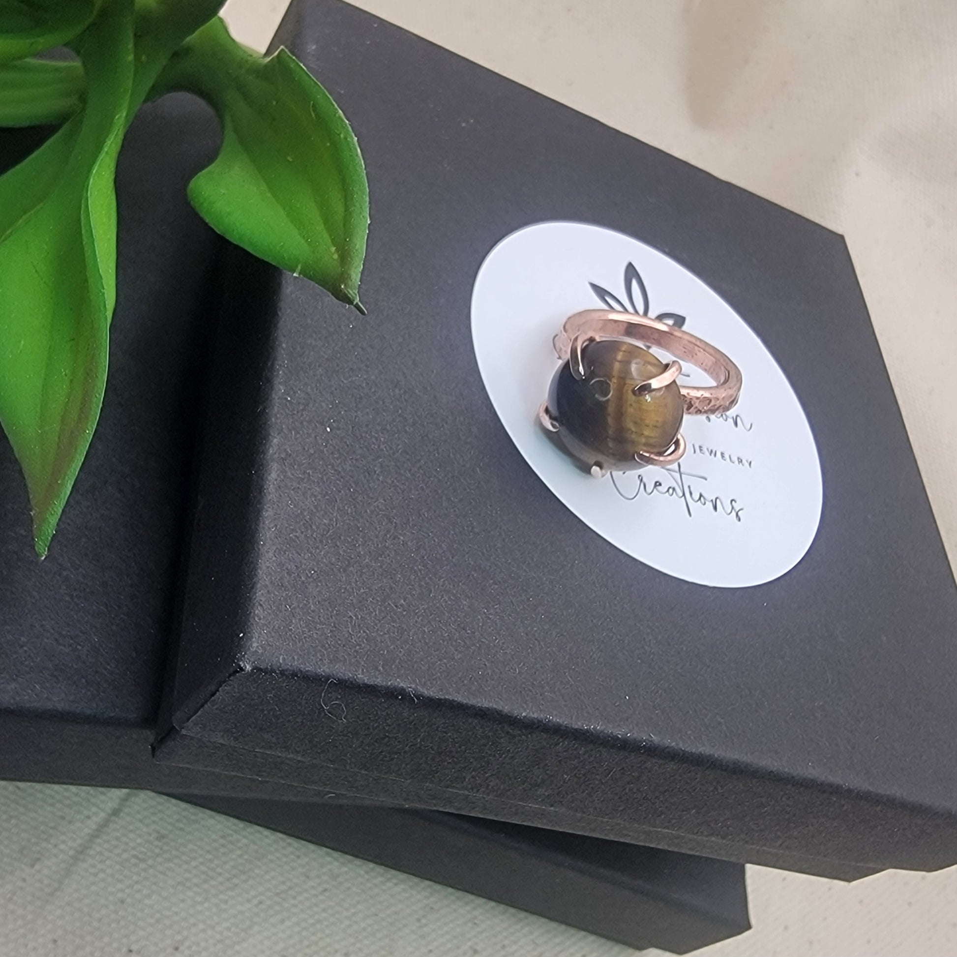 Black jewelry box with a sticker featuring a copper ring, next to a green plant.