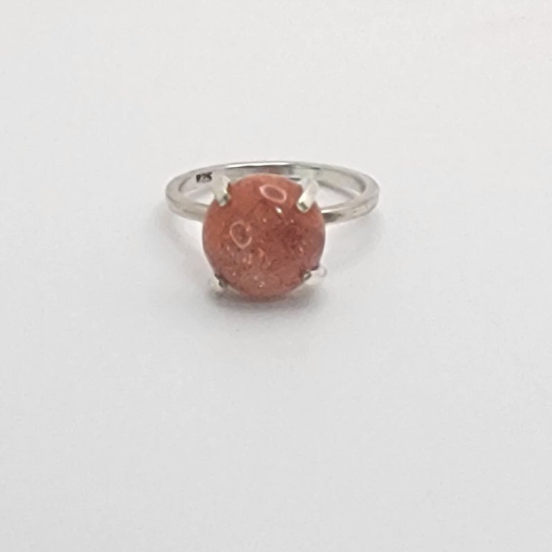 Sunstone Sterling Silver Ring – 12mm Sparkling Sunstone in Prong Setting, Size 8¾ Handmade Gemstone Ring