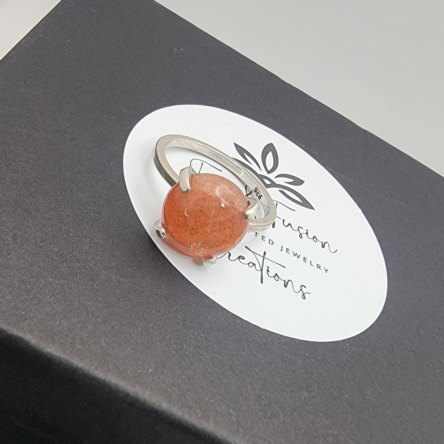 Sunstone Sterling Silver Ring – 12mm Sparkling Sunstone in Prong Setting, Size 8¾ Handmade Gemstone Ring