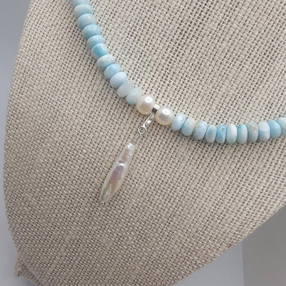 Ocean Colors Beaded Larimar and Pearl Statement Lobster Clasp 20.5" Necklace
