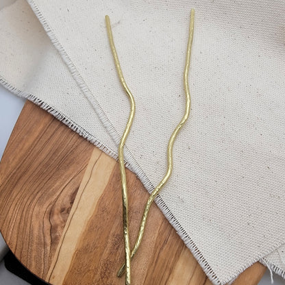 Hand Forged Wavy Freeform Hammered Textured Artisan Brass Minimalist Hair Stick Pin 6" Pair