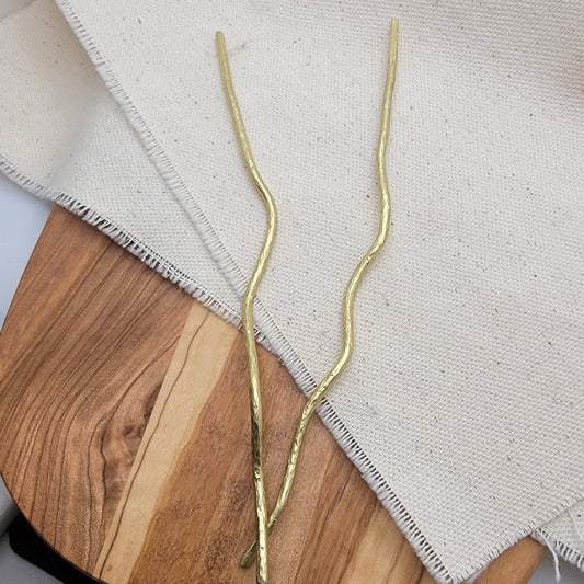 Hand Forged Wavy Freeform Hammered Textured Artisan Brass Minimalist Hair Stick Pin 6" Pair