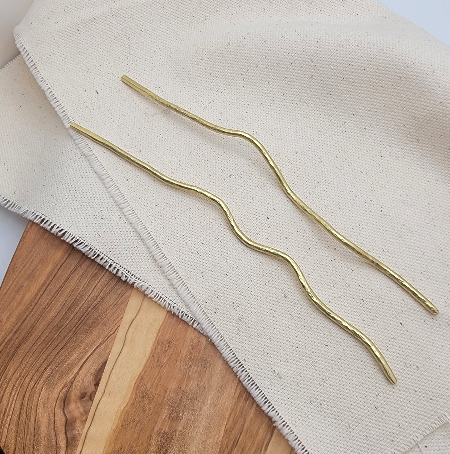 Hand Forged Wavy Freeform Hammered Textured Artisan Brass Minimalist Hair Stick Pin 6" Pair