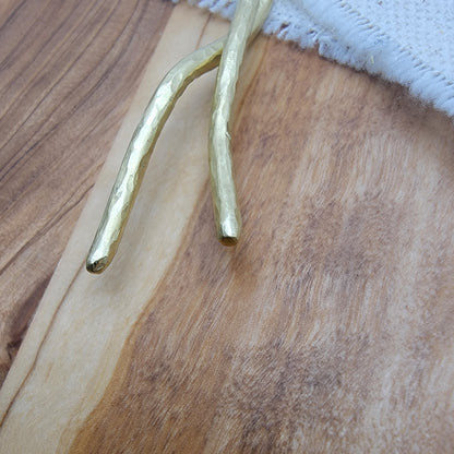 Hand Forged Wavy Freeform Hammered Textured Artisan Brass Minimalist Hair Stick Pin 6" Pair