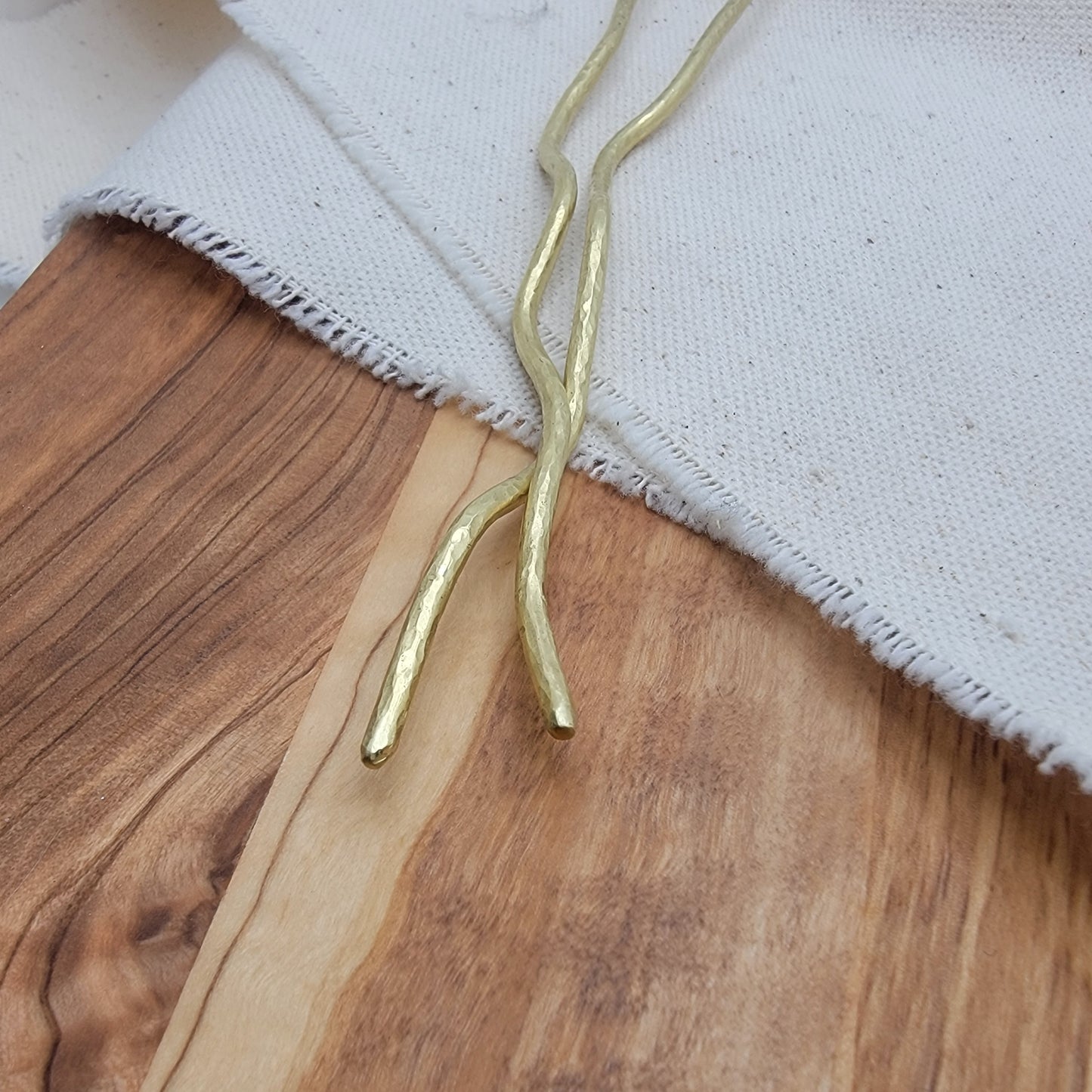 Hand Forged Wavy Freeform Hammered Textured Artisan Brass Minimalist Hair Stick Pin 6" Pair