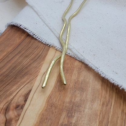 Hand Forged Wavy Freeform Hammered Textured Artisan Brass Minimalist Hair Stick Pin 6" Pair