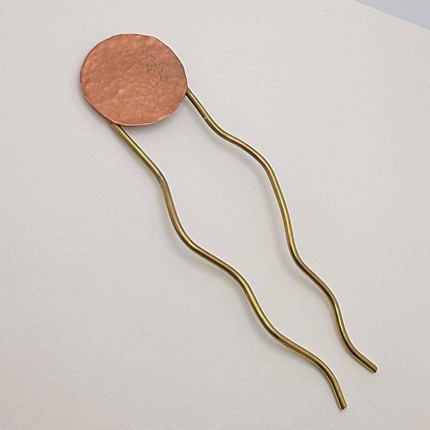 Hand Forged Brass Copper Hair Pin, Hammered Circle Bun Holder, Wavy Hair Stick