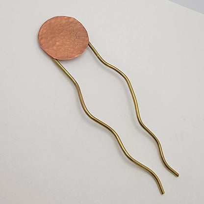 Hand Forged Brass Copper Hair Pin, Hammered Circle Bun Holder, Wavy Hair Stick