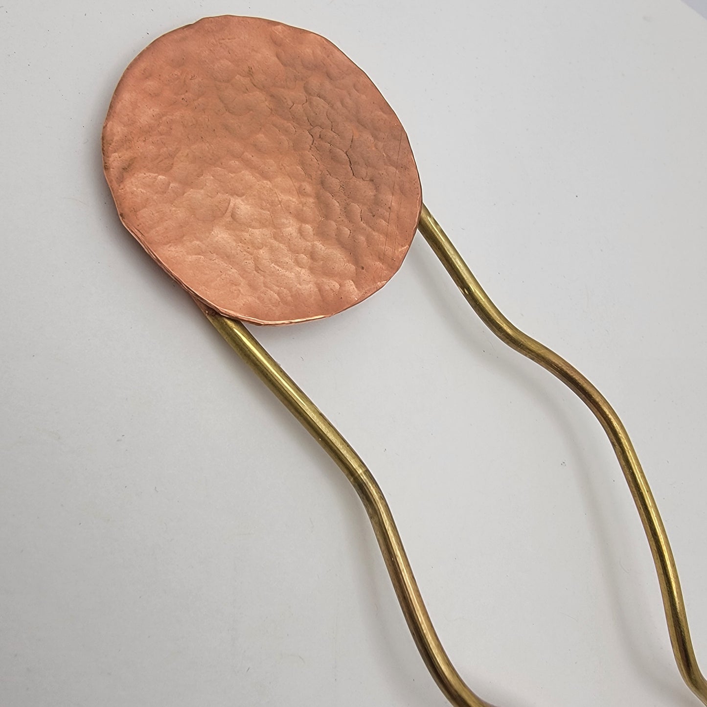 Hand Forged Brass Copper Hair Pin, Hammered Circle Bun Holder, Wavy Hair Stick