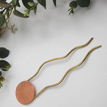 Hand Forged Brass Copper Hair Pin, Hammered Circle Bun Holder, Wavy Hair Stick