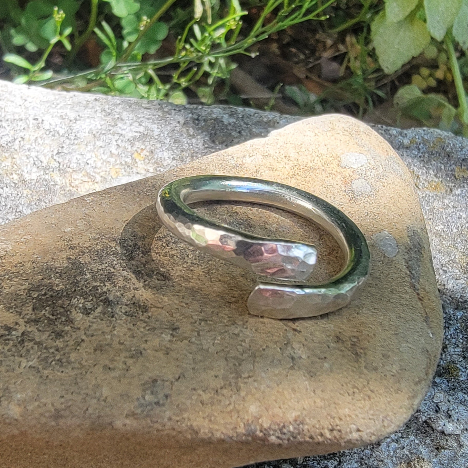 Silver ring on a rock with greenery in the background