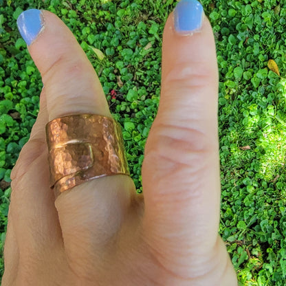 Handmade Hammered Copper Ring, Size 8.5 Wide Band Wrap Ring, Rustic Textured Copper Jewelry, 7th Anniversary Gift